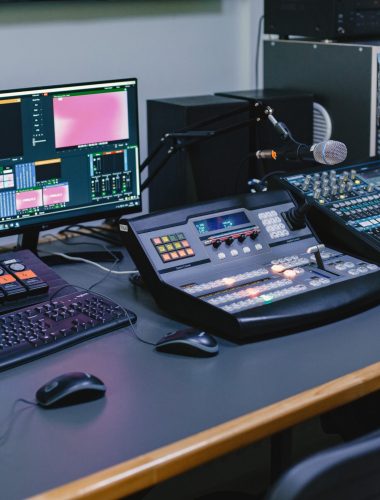 close up of sound engineer studio with equipment